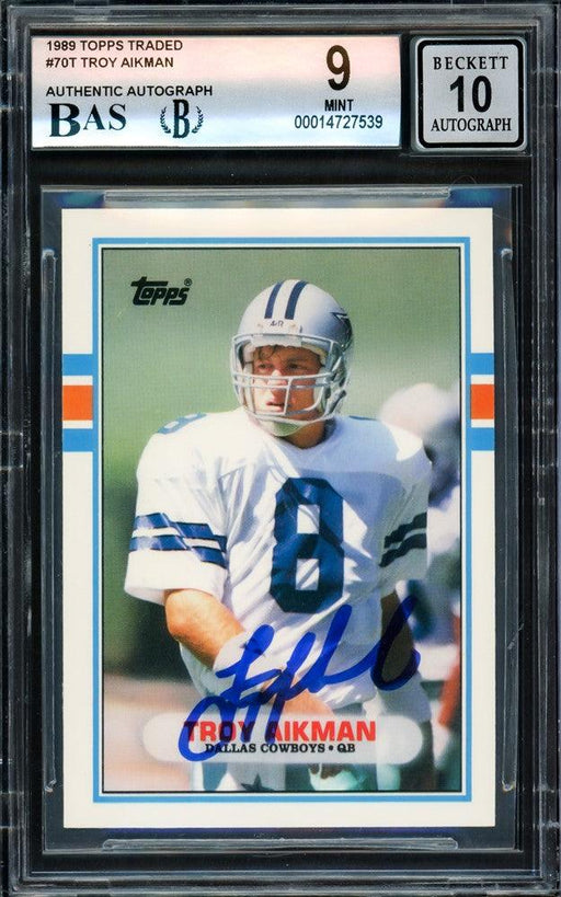 Troy Aikman Autographed 1989 Topps Traded Rookie Card #70T Dallas Cowboys BGS 9 Auto Grade Gem Mint 10 Beckett BAS Stock #209235 - RSA