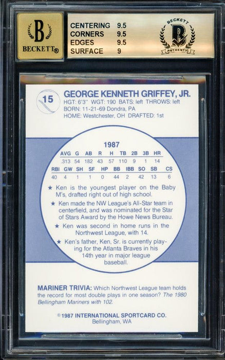 Ken Griffey Jr. Autographed 1987 Bellingham Mariners Team Issue Rookie Card #15 Seattle Mariners BGS 9.5 Auto Grade Gem Mint 10 Beckett BAS #14727267 - RSA