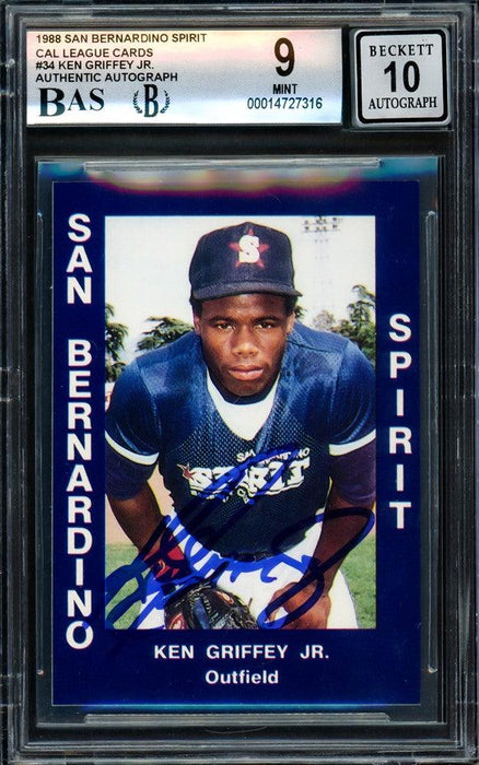 Ken Griffey Jr. Autographed 1988 San Bernardino Spirit California Cal League Rookie Card #34 Seattle Mariners BGS 9 Auto Grade Gem Mint 10 Beckett BAS #14727316 - RSA