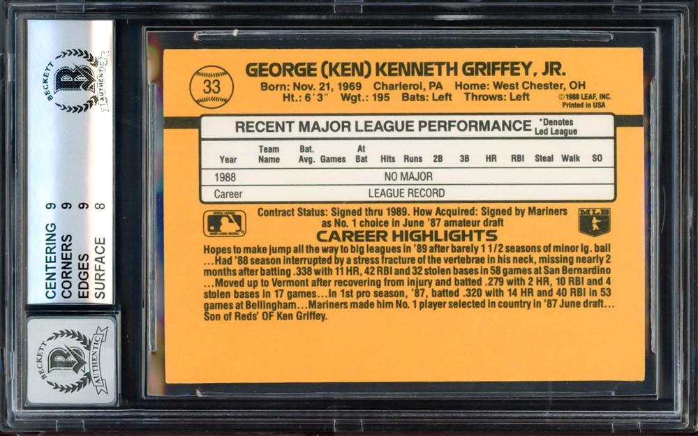 Ken Griffey Jr. Autographed 1989 Donruss Rated Rookie Card #33 Seattle Mariners BGS 8.5 Auto Grade Gem Mint 10 Beckett BAS #14727799 - RSA