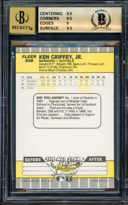 Ken Griffey Jr. Autographed 1989 Fleer Rookie Card #548 Seattle Mariners BGS 9.5 Auto Grade Gem Mint 10 Beckett BAS #14727826 - RSA