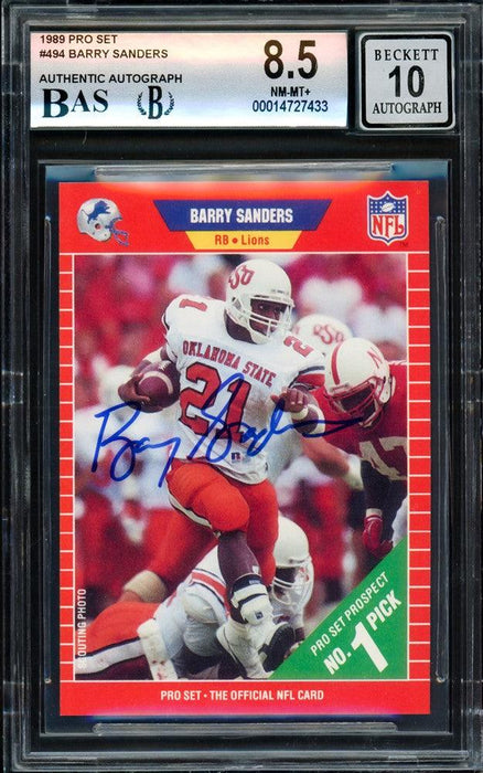 Barry Sanders Autographed 1989 Pro Set Rookie Card #494 Detroit Lions BGS 8.5 Auto Grade Gem Mint 10 Beckett BAS Stock #209303 - RSA