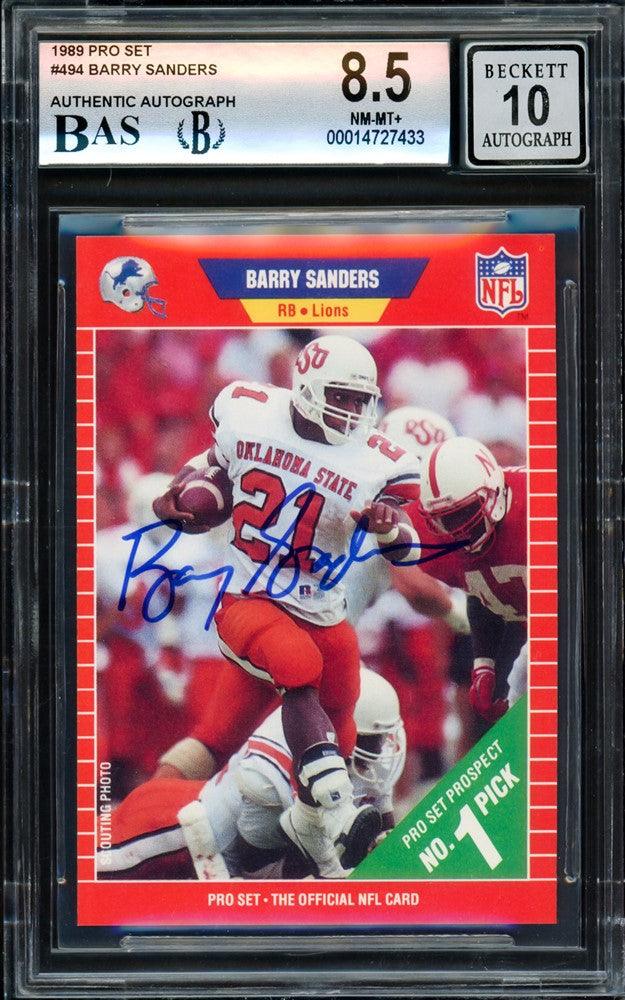Barry Sanders Autographed 1989 Pro Set Rookie Card #494 Detroit Lions BGS 8.5 Auto Grade Gem Mint 10 Beckett BAS Stock #209303 - RSA
