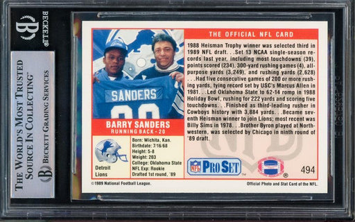 Barry Sanders Autographed 1989 Pro Set Rookie Card #494 Detroit Lions Beckett BAS #14879505 - RSA
