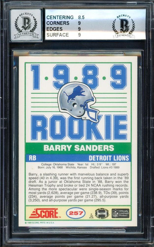 Barry Sanders Autographed 1989 Score Rookie Card #257 Detroit Lions BGS 9 Auto Grade Gem Mint 10 Beckett BAS Stock #209307 - RSA