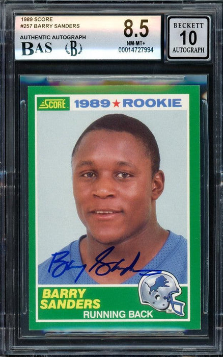 Barry Sanders Autographed 1989 Score Rookie Card #257 Detroit Lions BGS 8.5 Auto Grade Gem Mint 10 Beckett BAS Stock #209308 - RSA