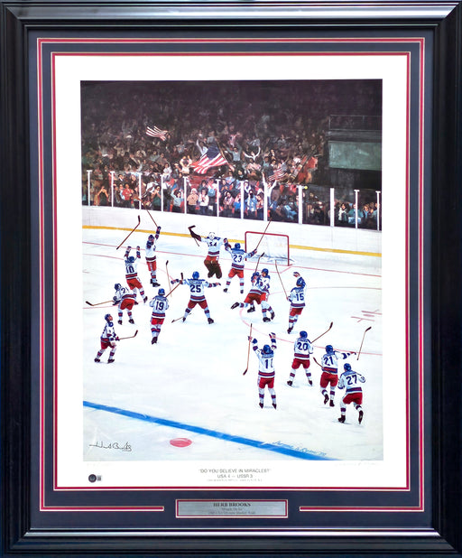 Herb Brooks Autographed Framed 26x32 Lithograph Photo 1980 Team USA Do You Believe In Miracles With Artist Proof #913/1000 Beckett BAS #AC56692