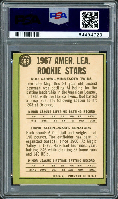 Rod Carew Autographed 1967 Topps Rookie Card #569 Minnesota Twins PSA 4 Auto Grade Gem Mint 10 PSA/DNA #64494723 - RSA