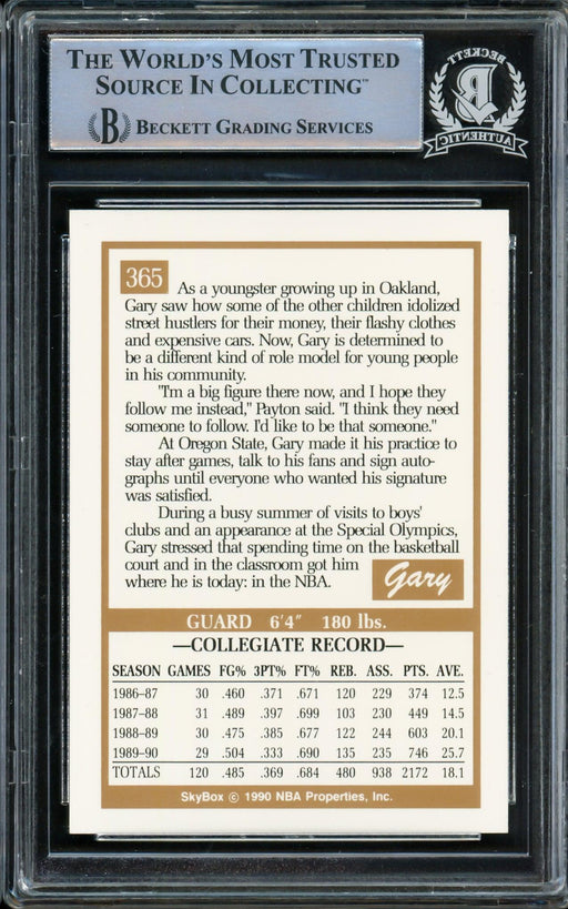 Gary Payton Autographed 1990-91 Skybox Rookie Card #365 Seattle Supersonics Beckett BAS Stock #209778 - RSA