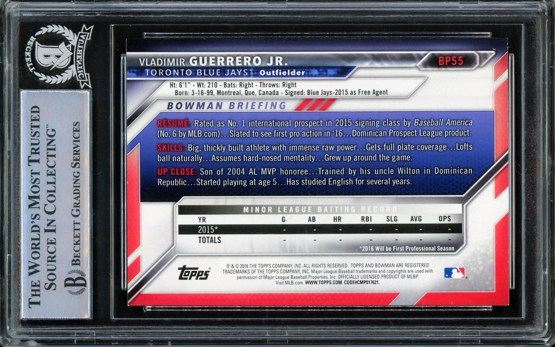 Vladimir Guerrero Jr. Autographed 2016 Bowman Prospects Rookie Card #BP55 Toronto Blue Jays Beckett BAS Stock #209784 - RSA