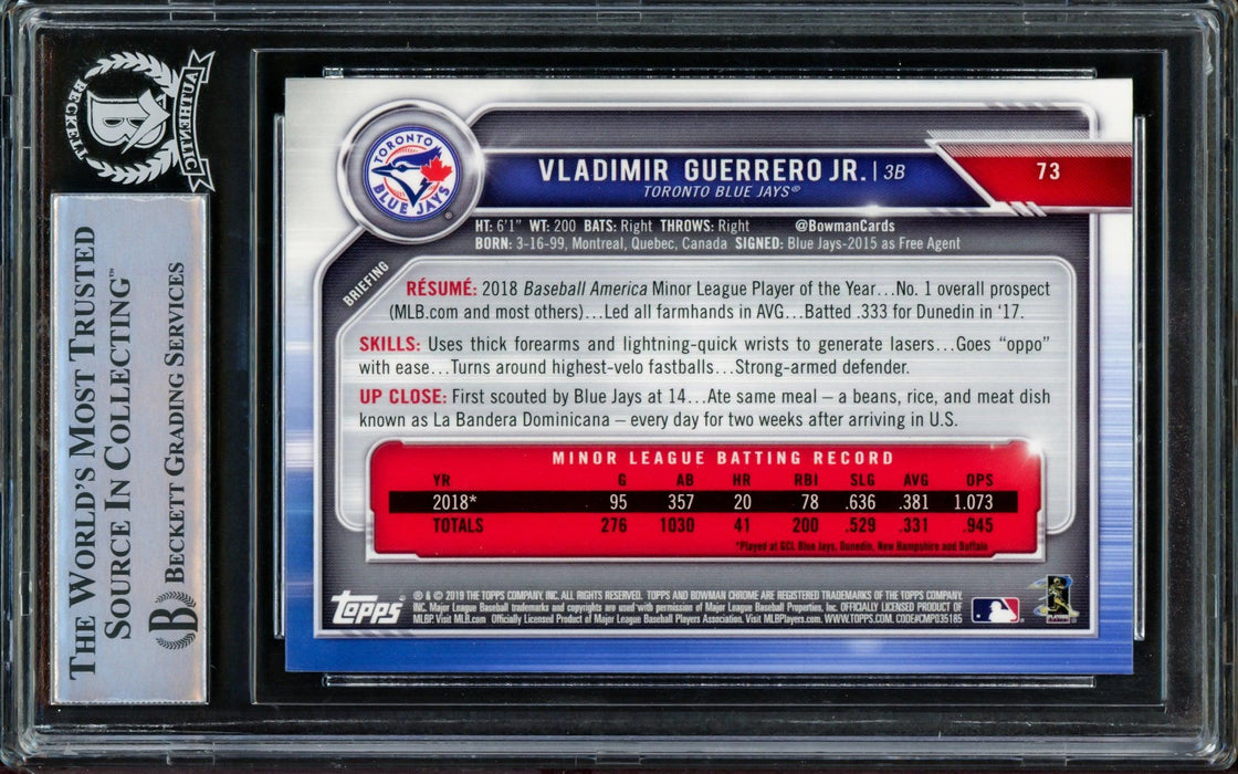 Vladimir Guerrero Jr. Autographed 2019 Bowman Chrome Rookie Card #73 Toronto Blue Jays Beckett BAS Stock #209789 - RSA