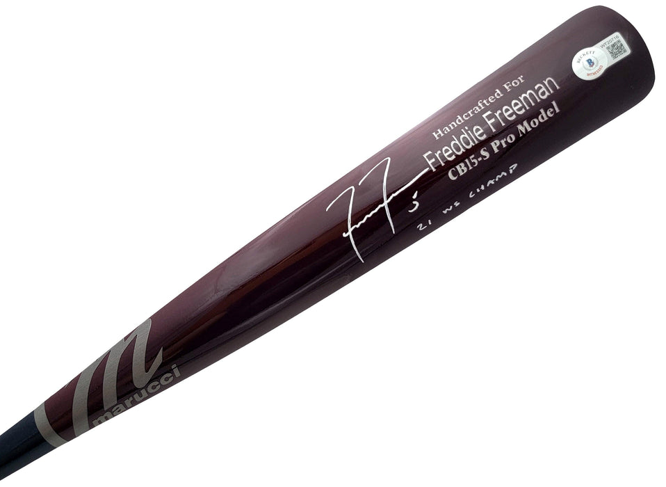 Freddie Freeman Autographed Red & Blue Marucci Game Model Bat Atlanta Braves "21 WS Champs" Beckett BAS QR Stock #209155 - RSA