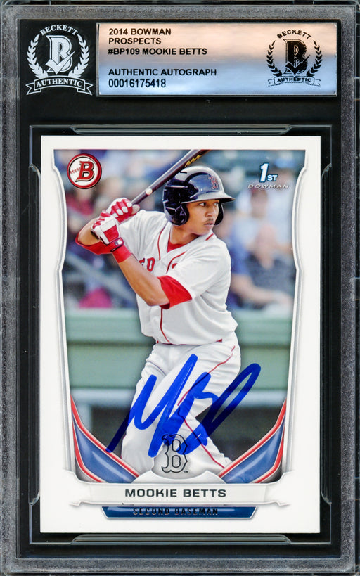 Mookie Betts Autographed 2014 Bowman Rookie Card #BP109 Boston Red Sox Beckett BAS Stock #221173