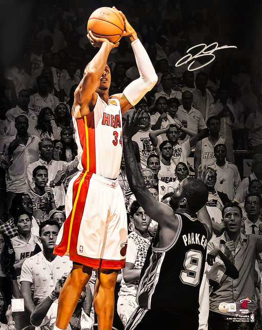 Ray Allen Autographed 16x20 Photo Miami Heat vs. San Antonio Spurs 2013 NBA Finals Game 6 Winning 3 Point Shot Beckett BAS Witness Stock #221289