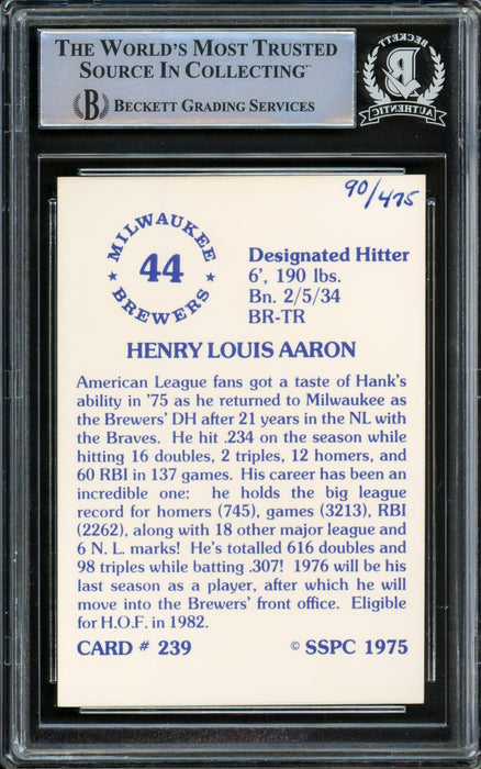 Hank Aaron Autographed 1975 SSPC Card #239 Milwaukee Brewers Beckett BAS #14612285 - RSA