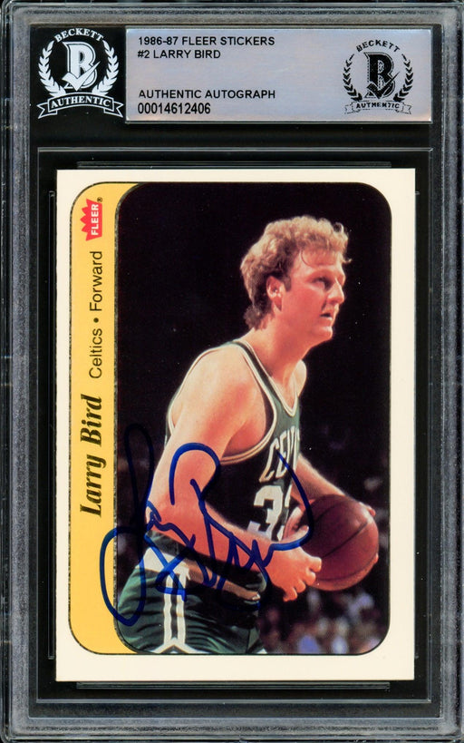 Larry Bird Autographed 1986-87 Fleer Sticker Card #2 Boston Celtics Beckett BAS #14612406 - RSA