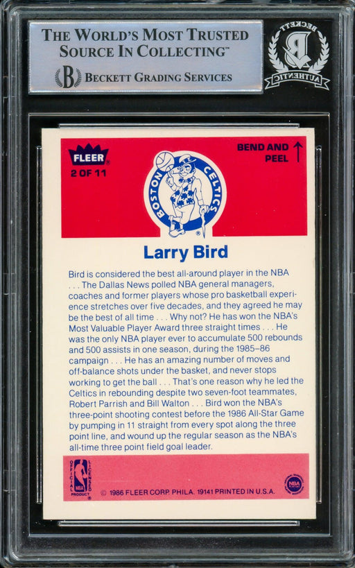 Larry Bird Autographed 1986-87 Fleer Sticker Card #2 Boston Celtics Beckett BAS #14612406 - RSA