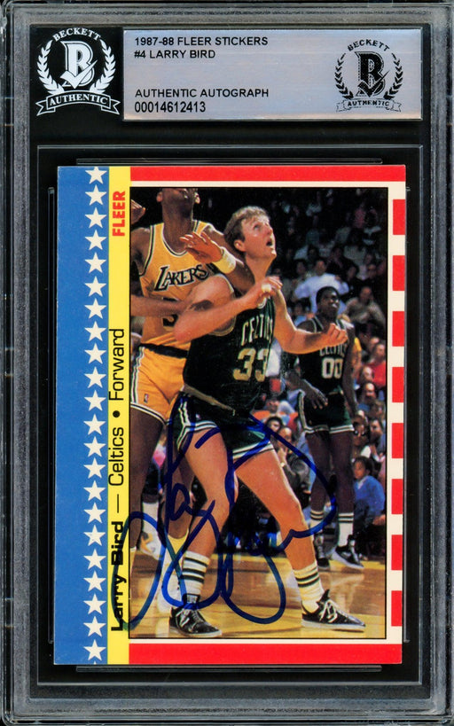Larry Bird Autographed 1987-88 Fleer Sticker Card #4 Boston Celtics Beckett BAS #14612413 - RSA