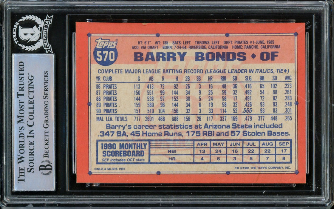 Barry Bonds Autographed 1991 Topps Card #570 Pittsburgh Pirates Beckett BAS #14612499 - RSA
