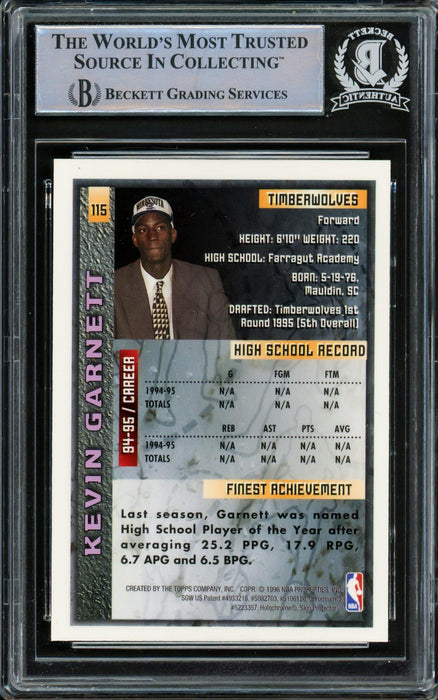 Kevin Garnett Autographed 1995-96 Topps Finest Rookie Card #115 Minnesota Timberwolves Beckett BAS #14612505 - RSA