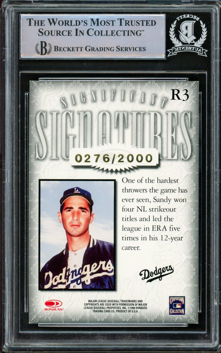 Sandy Koufax Autographed 1998 Donruss Significant Signatures Card #R3 Los Angeles Dodgers #276/2000 Beckett BAS #14612535 - RSA