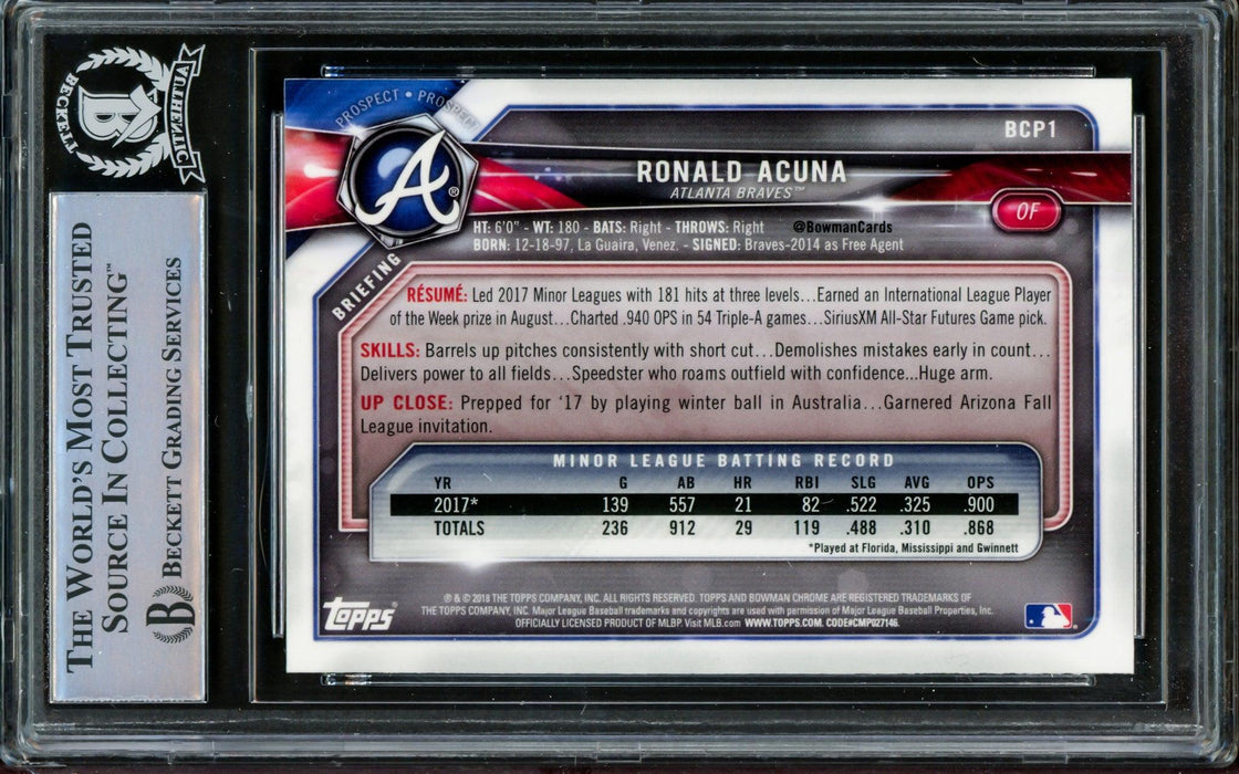 Ronald Acuna Jr. Autographed 2018 Bowman Chrome Prospects Card #BCP1 Atlanta Braves Beckett BAS #14612566 - RSA