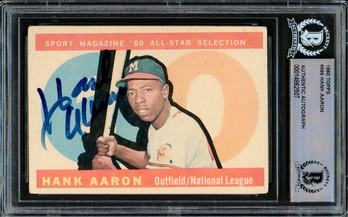Hank Aaron Autographed 1960 Topps Card #566 Milwaukee Braves Beckett BAS #14682507 - RSA