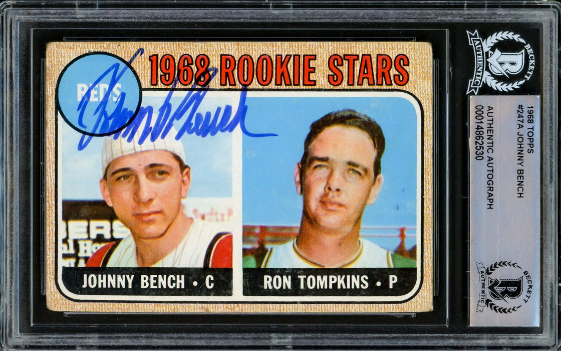 Johnny Bench Autographed 1968 Topps Rookie Card #247 Cincinnati Reds Beckett BAS #14862530 - RSA