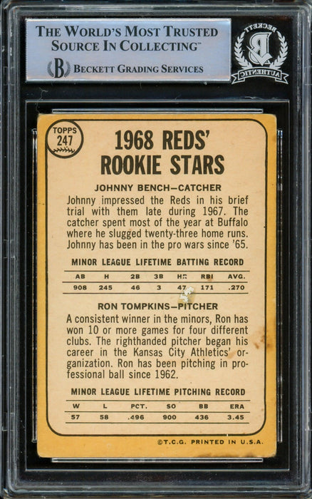 Johnny Bench Autographed 1968 Topps Rookie Card #247 Cincinnati Reds Beckett BAS #14862530 - RSA