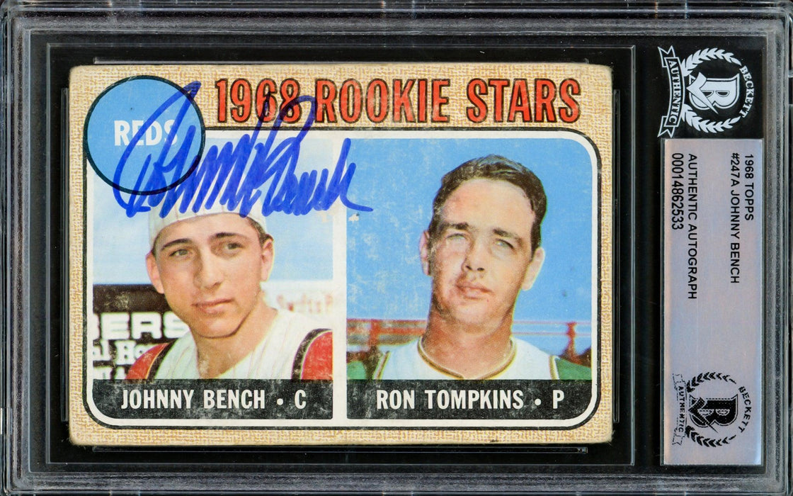 Johnny Bench Autographed 1968 Topps Rookie Card #247 Cincinnati Reds Beckett BAS #14862533 - RSA