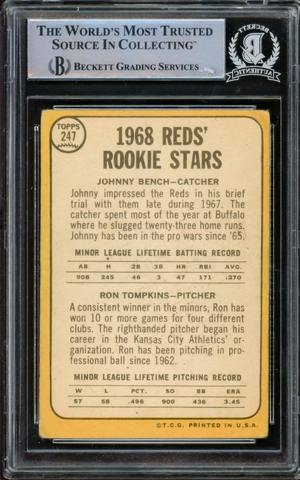 Johnny Bench Autographed 1968 Topps Rookie Card #247 Cincinnati Reds Beckett BAS #14862533 - RSA
