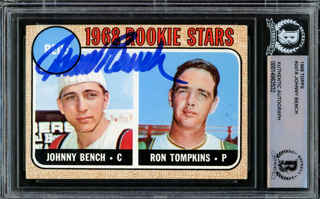 Johnny Bench Autographed 1968 Topps Rookie Card #247 Cincinnati Reds Beckett BAS #14862532 - RSA