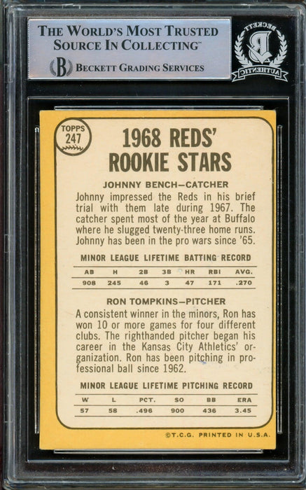 Johnny Bench Autographed 1968 Topps Rookie Card #247 Cincinnati Reds Beckett BAS #14862532 - RSA