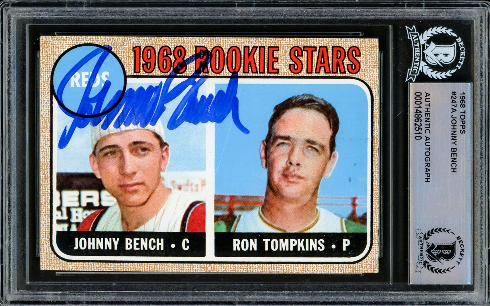 Johnny Bench Autographed 1968 Topps Rookie Card #247 Cincinnati Reds Beckett BAS #14862510 - RSA