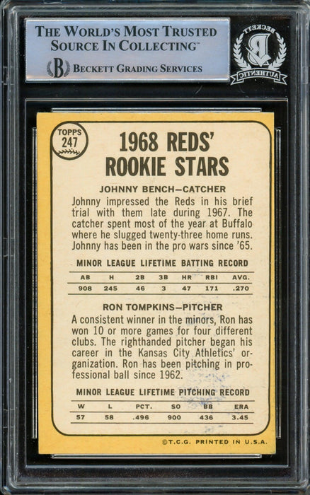 Johnny Bench Autographed 1968 Topps Rookie Card #247 Cincinnati Reds Beckett BAS #14862510 - RSA