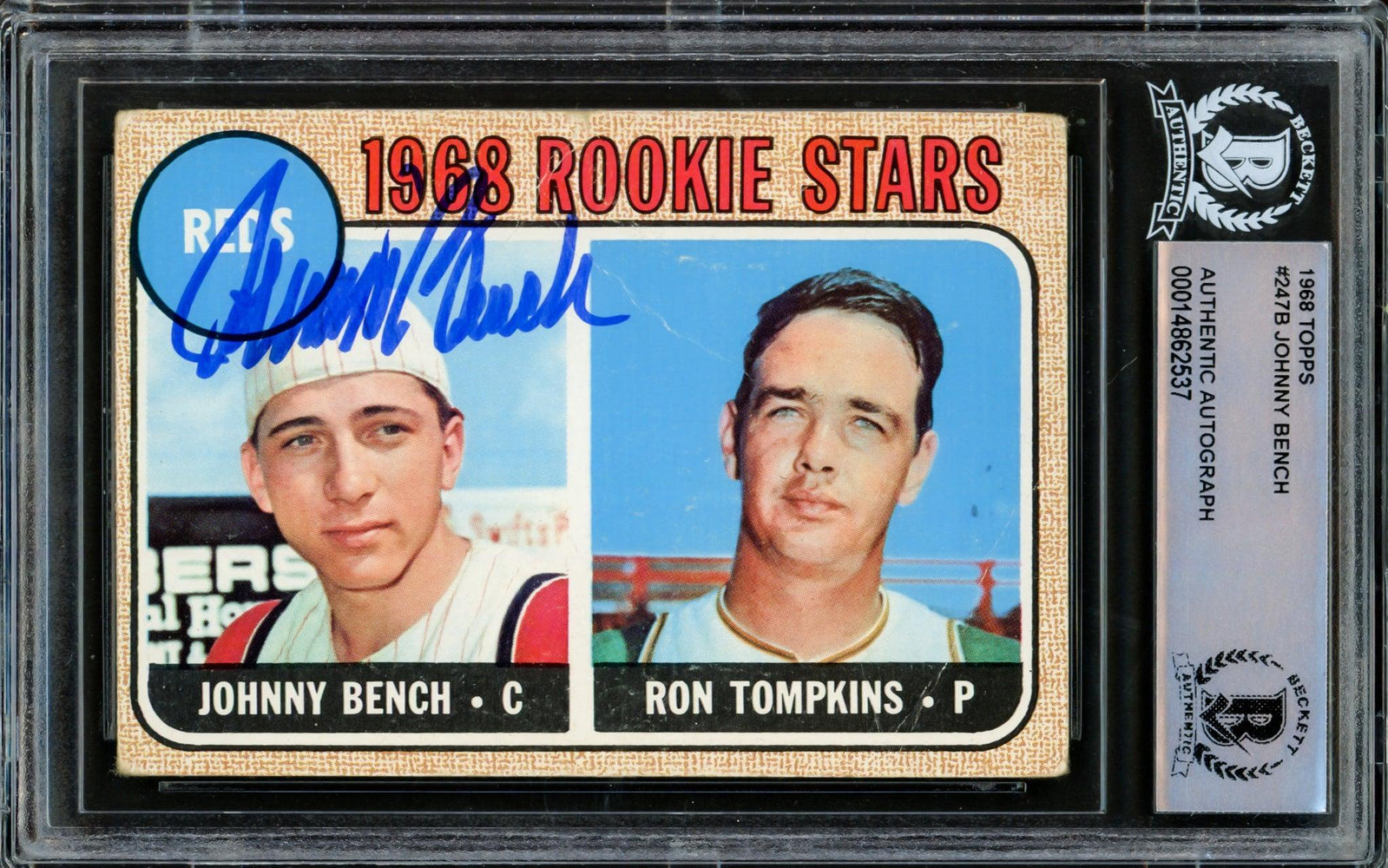 Johnny Bench Autographed 1968 Topps Rookie Card #247 Cincinnati Reds (Off Condition) Beckett BAS #14862537 - RSA
