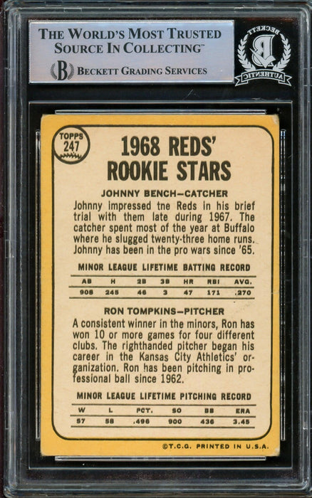 Johnny Bench Autographed 1968 Topps Rookie Card #247 Cincinnati Reds (Off Condition) Beckett BAS #14862537 - RSA