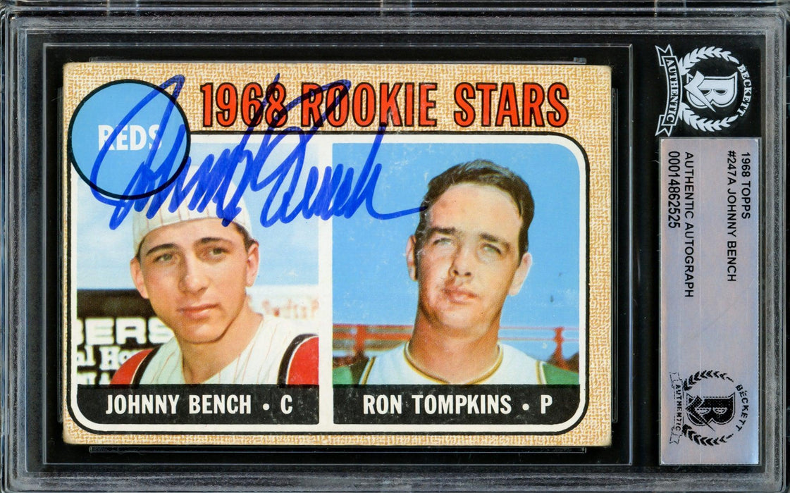 Johnny Bench Autographed 1968 Topps Rookie Card #247 Cincinnati Reds (Off Condition) Beckett BAS #14862525 - RSA