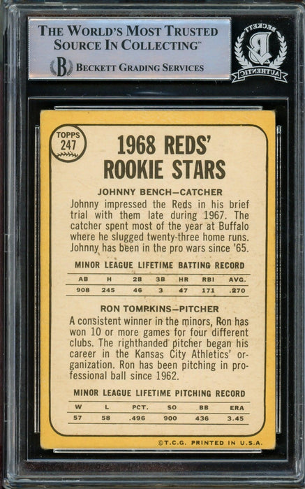 Johnny Bench Autographed 1968 Topps Rookie Card #247 Cincinnati Reds (Off Condition) Beckett BAS #14862525 - RSA