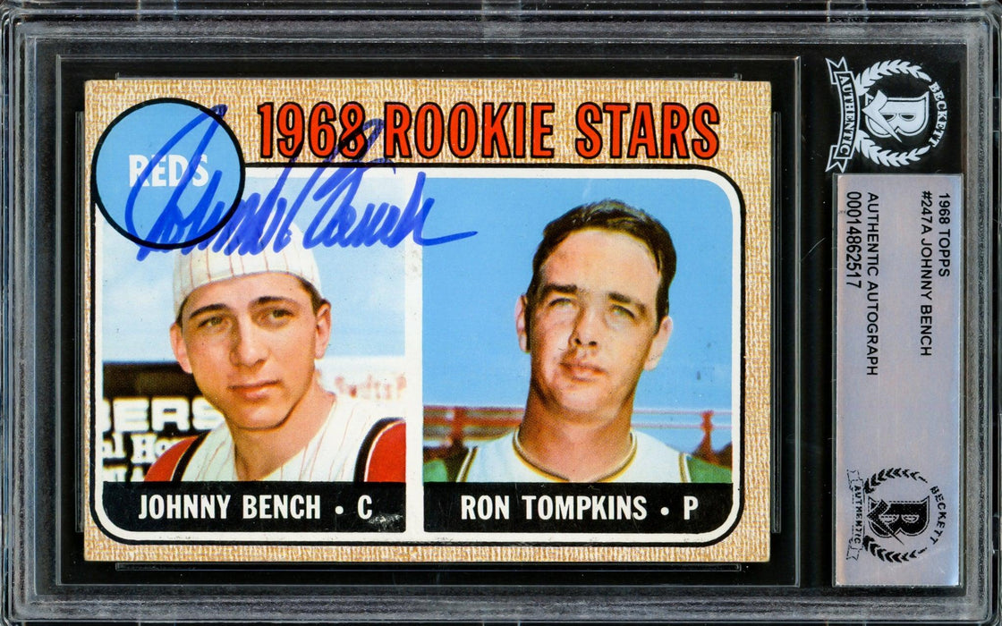 Johnny Bench Autographed 1968 Topps Rookie Card #247 Cincinnati Reds (Off Condition) Beckett BAS #14862517 - RSA