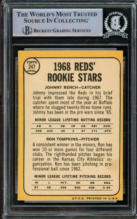 Johnny Bench Autographed 1968 Topps Rookie Card #247 Cincinnati Reds (Off Condition) Beckett BAS #14862517 - RSA