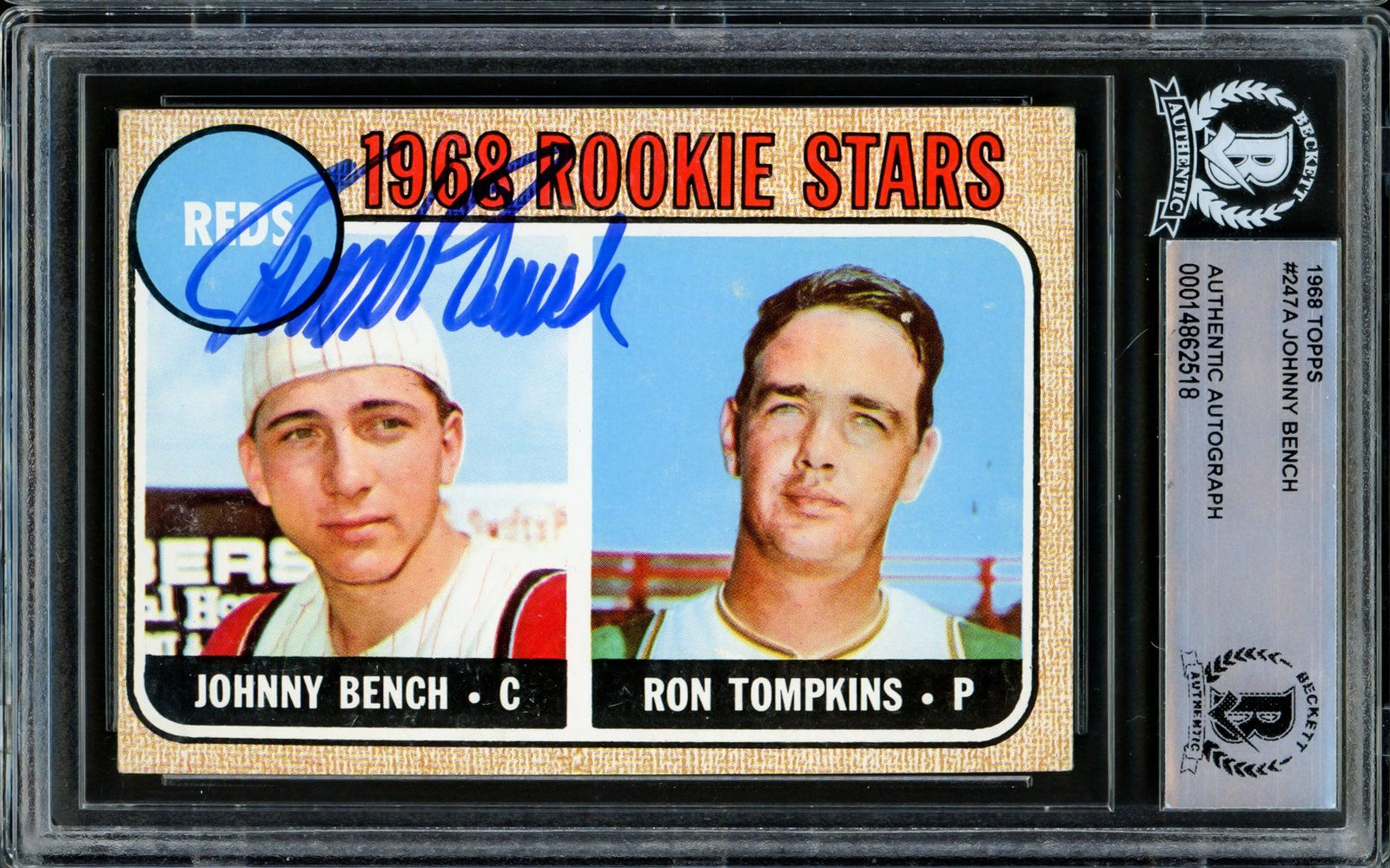 Johnny Bench Autographed 1968 Topps Rookie Card #247 Cincinnati Reds (Off Condition) Beckett BAS #14862518 - RSA