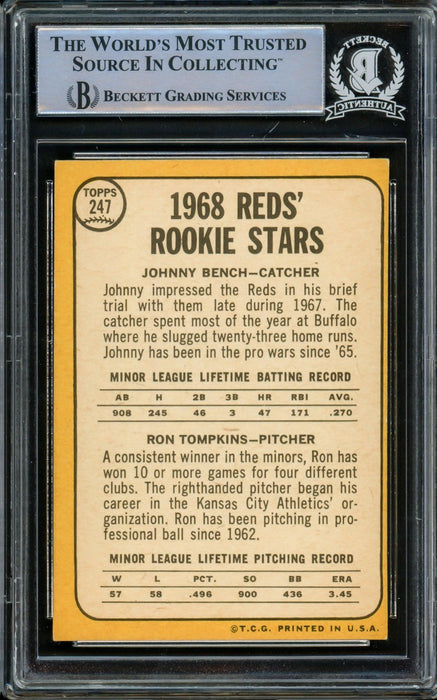Johnny Bench Autographed 1968 Topps Rookie Card #247 Cincinnati Reds (Off Condition) Beckett BAS #14862518 - RSA