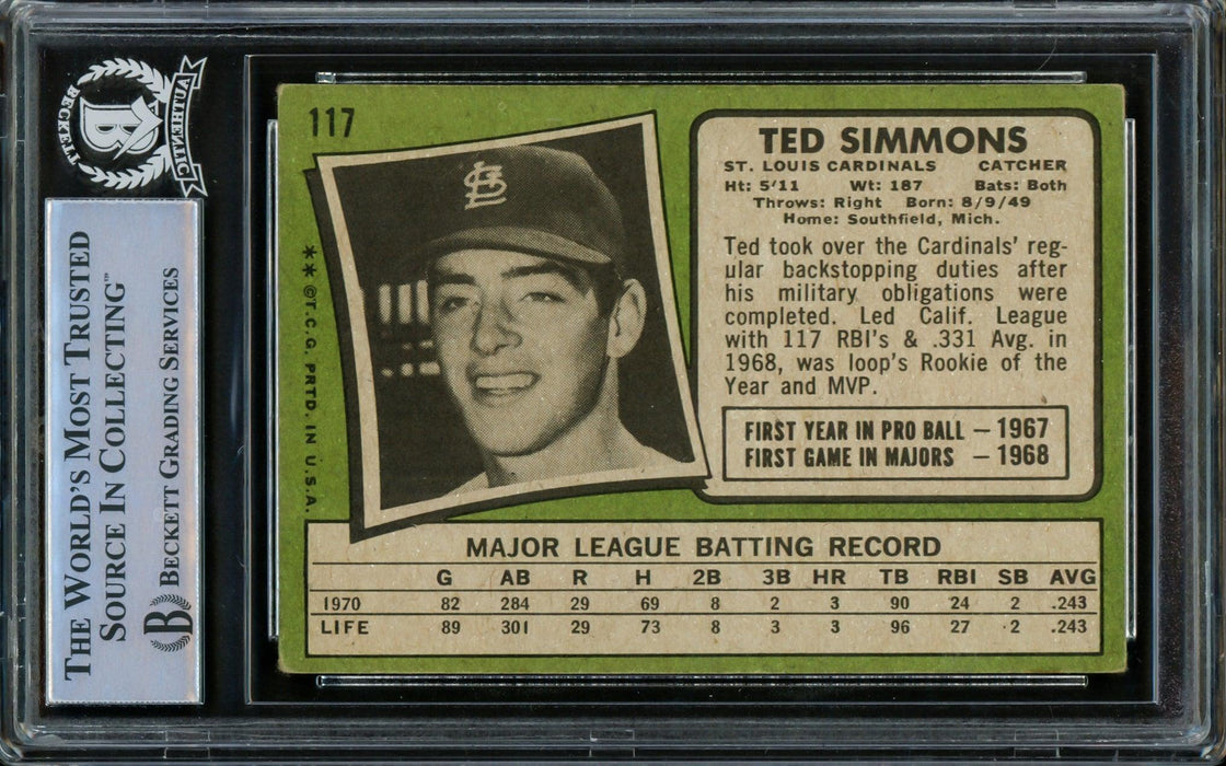 Ted Simmons Autographed 1971 Topps Rookie Card #117 St. Louis Cardinals Beckett BAS #14862578 - RSA