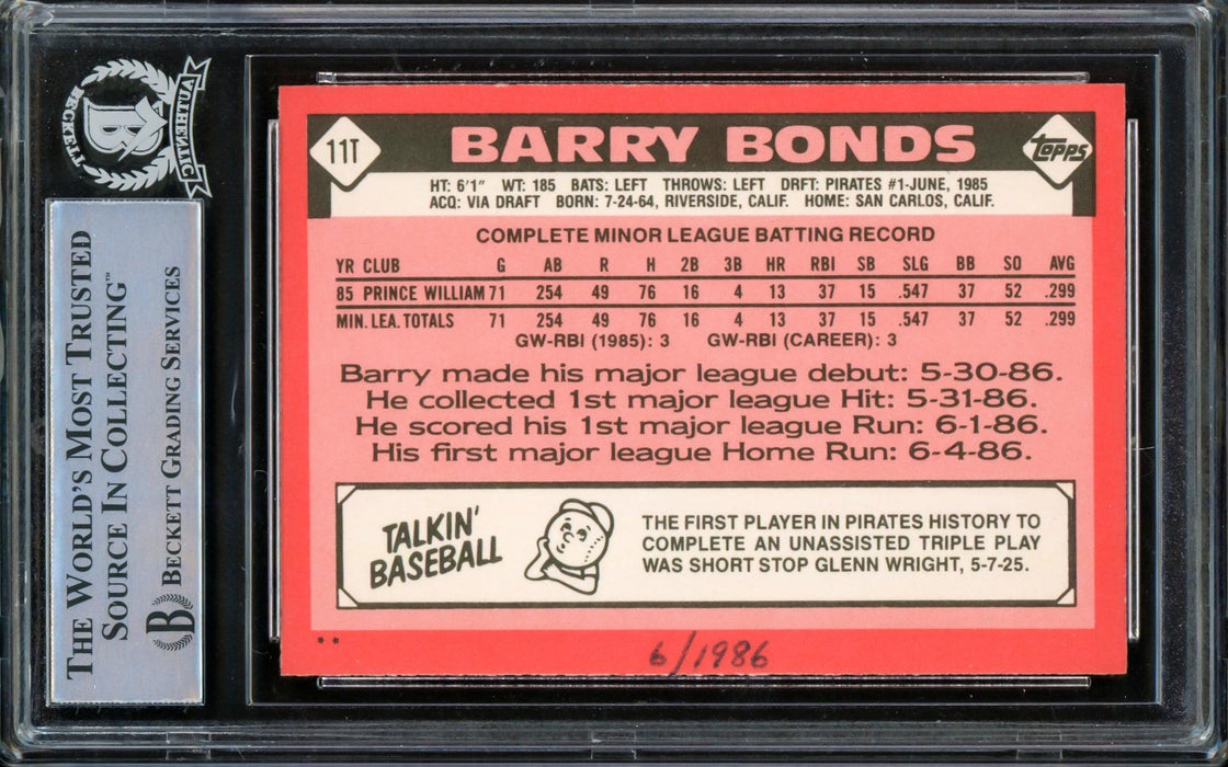 Barry Bonds Autographed 1986 Topps Traded Rookie Card #11T Pittsburgh Pirates Beckett BAS #14862653 - RSA