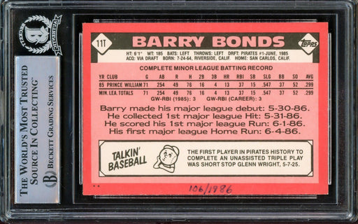 Barry Bonds Autographed 1986 Topps Traded Rookie Card #11T Pittsburgh Pirates Beckett BAS #14862654 - RSA