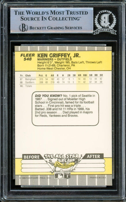 Ken Griffey Jr. Autographed 1989 Fleer Rookie Card #548 Seattle Mariners Vintage Rookie Era Signature Beckett BAS #14862890 - RSA