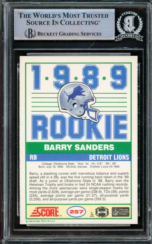 Barry Sanders Autographed 1989 Score Rookie Card #257 Detroit Lions Beckett BAS #14862894 - RSA