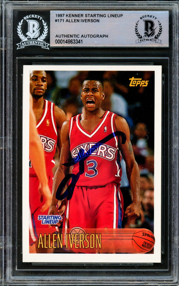 Allen Iverson Autographed 1996-97 Topps Starting Lineup Rookie Card #171 Philadelphia 76ers Beckett BAS #14863341 - RSA