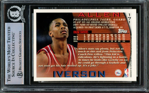 Allen Iverson Autographed 1996-97 Topps Starting Lineup Rookie Card #171 Philadelphia 76ers Beckett BAS #14863341 - RSA